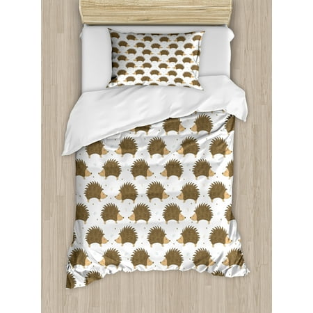 Hedgehog Twin Size Duvet Cover Set Cartoon Style Porcupine Mascots Hedgehog Twin Size Duvet Cover Set Cartoon Style Porcupine Mascots With Tiny Little Swirls And