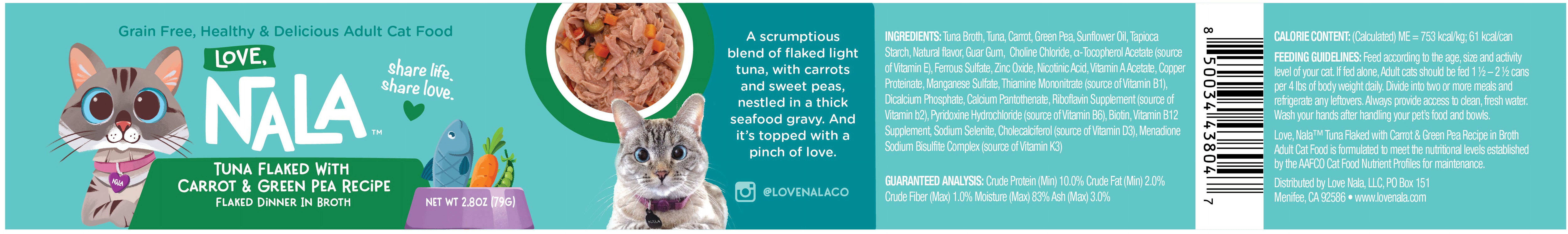 LOVE, NALA - Natural Adult Cat Wet Food - FLAKED Tuna with Carrot & Green Pea in Broth - Grain Free, Non-GMO, Lean Protein, Digestive Fiber Blend, Added Minerals & Vitamins - 2.8 oz Can