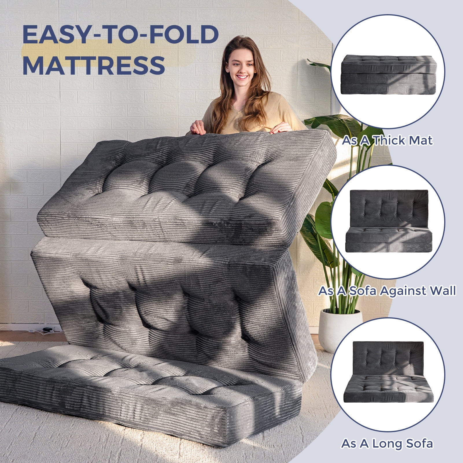 BYBYME 6 Inch Tri-Fold Mattress,Corduroy Folding Mattress,Filled with Whole Foam,Memory Foam Mattress Topper,Suitable for Sleeping,Camping,Full,Dark Gray