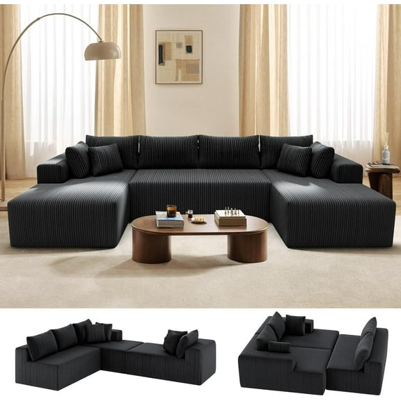 132''Modular Boneless Couches for Living Room, Corduroy Deep Seat Sofa with 2 Chaise Lounges and 1 Loveseat