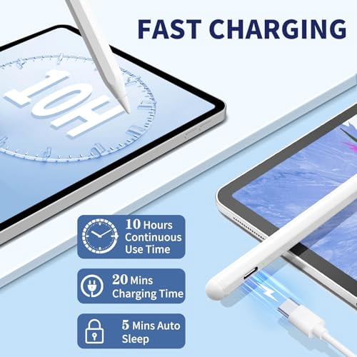 iPad Apple Pencil 9th&10th Generation,Fast Charge Stylus Pen for Palm Rejection and Tilt Sensitivity,Compatible with iPad Pro 11/12.9in,Mini 5/6,iPad 6/7/8/9/10,Air 3/4/5 (White)