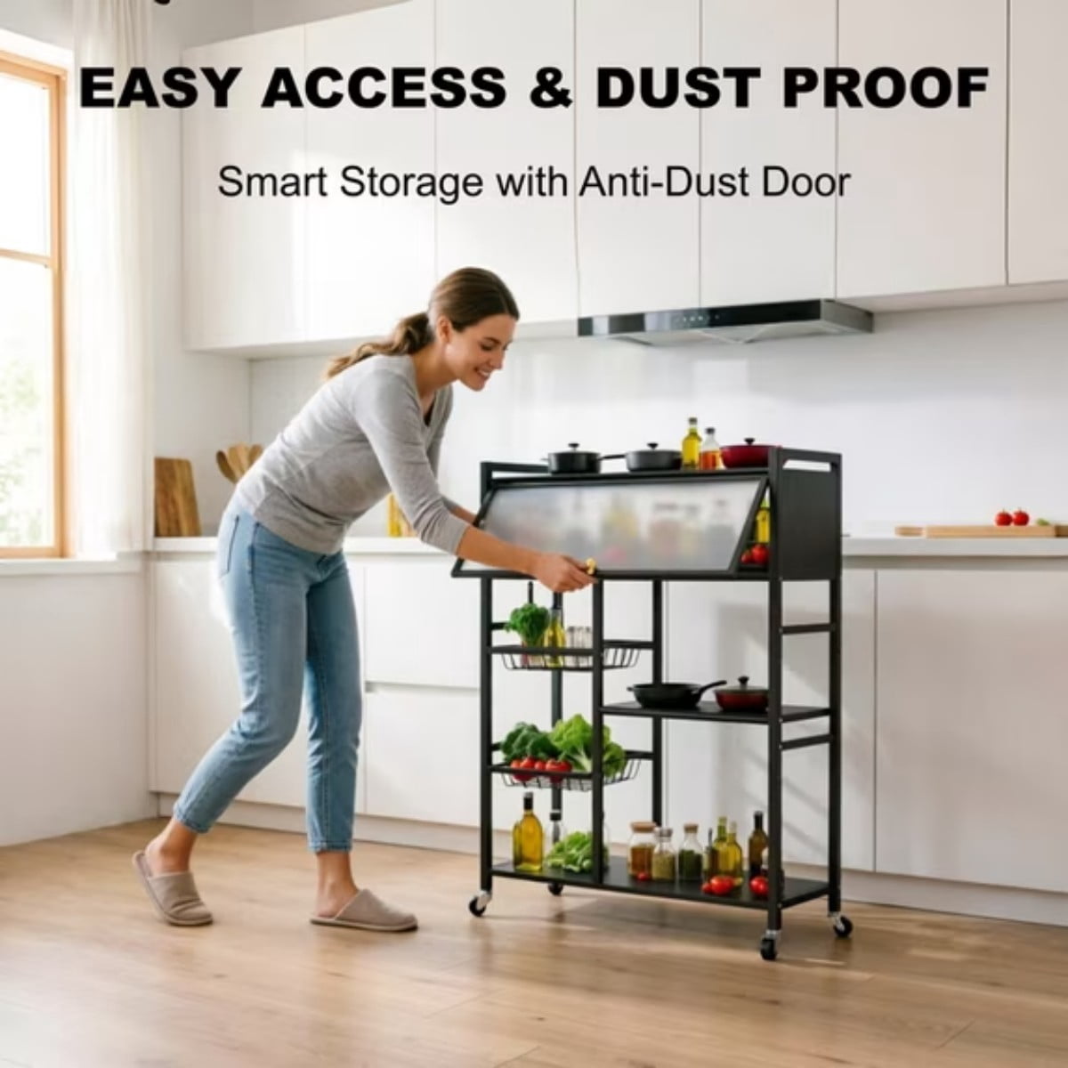 Rolling Kitchen Island, 4-Tier Kitchen Storage Cart with Dust-Proof Cabinet, 2 Removable Mesh Baskets, 360° Wheels, Slim Organizer Rack