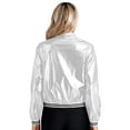 thumbnail image 2 of CHICTRY Womens Shiny Metallic Bomber Jacket Holographic Long Sleeve Zipper Front Coat Silver XXL, 2 of 7