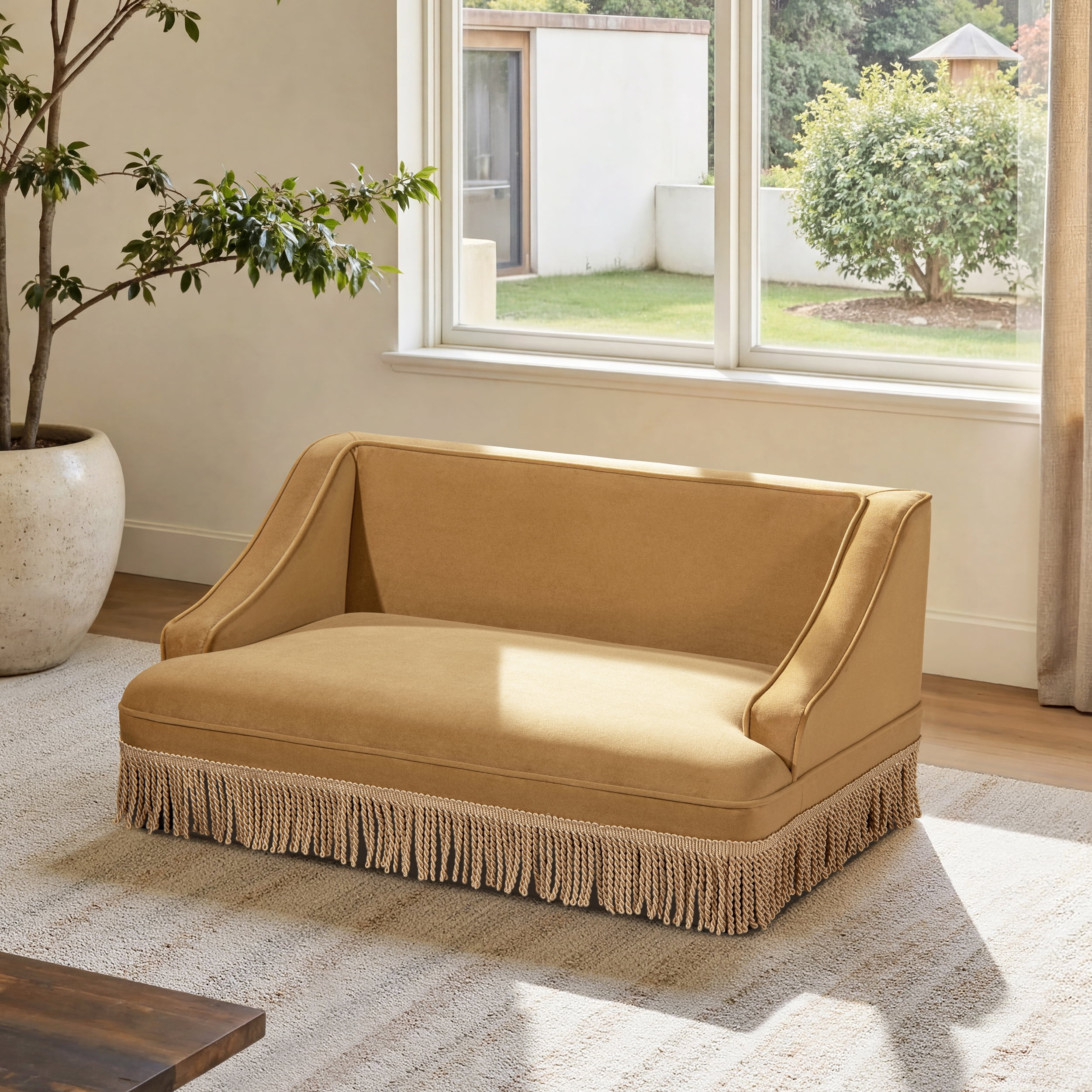 33" Medium Princess Pet Bed Sofa with Fringe Skirt, Gold Yellow Performance Velvet