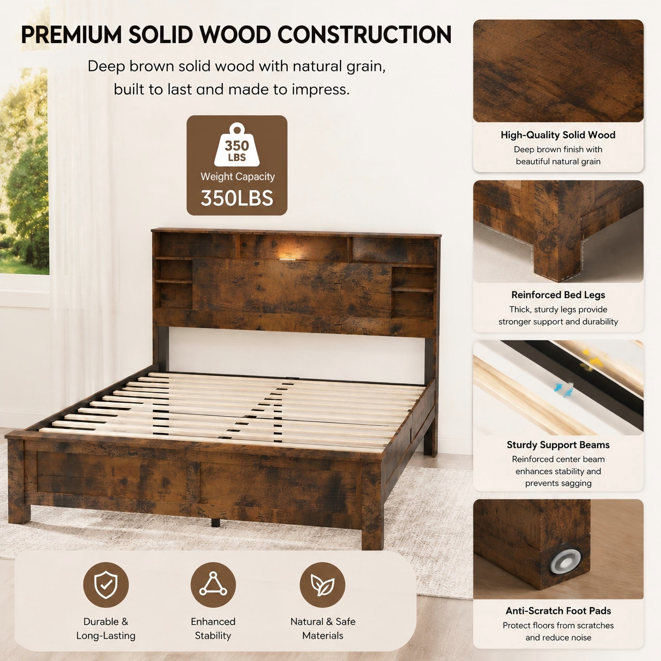 Aukfa Full Bed Frame with Charging Station, Storage Headboard & LED Lights, Farmhouse Wood Platform Bed, Brown