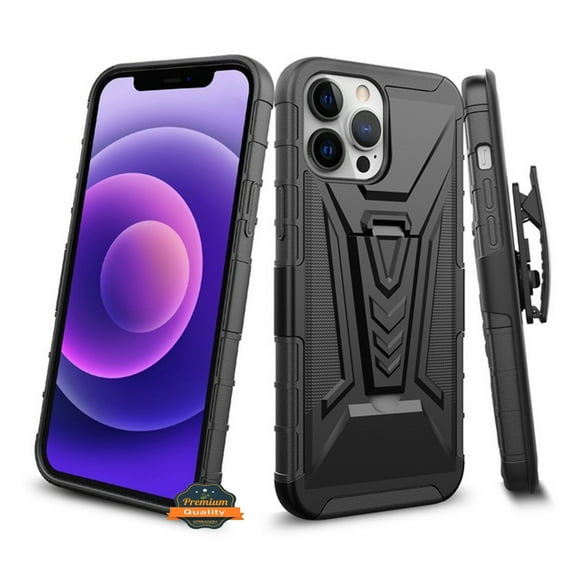 For Apple iPhone 13 Mini (5.4") Hybrid Armor Kickstand with Swivel Belt Clip Holster Heavy Duty 3 in 1 Shockproof Rugged Phone Case Cover by Xpression [Black]
