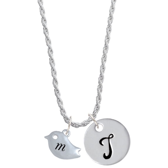 Delight Jewelry Silvertone Little Bird Initial - M - Silvertone Script Initial Disc - T - Charm Necklace, 20"+3"