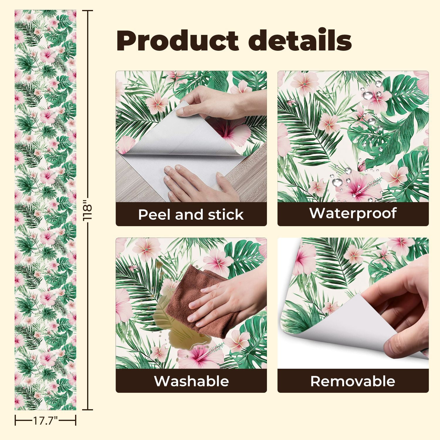 Peel and Stick Wallpaper Tropical Hibiscus Palm Leaf Pink Green Wall Mural 17.7in x 9.8ft Self Adhesive Removable Wall Paper Renter Friendly Wallpaper for Nursery Bedroom Cabinets