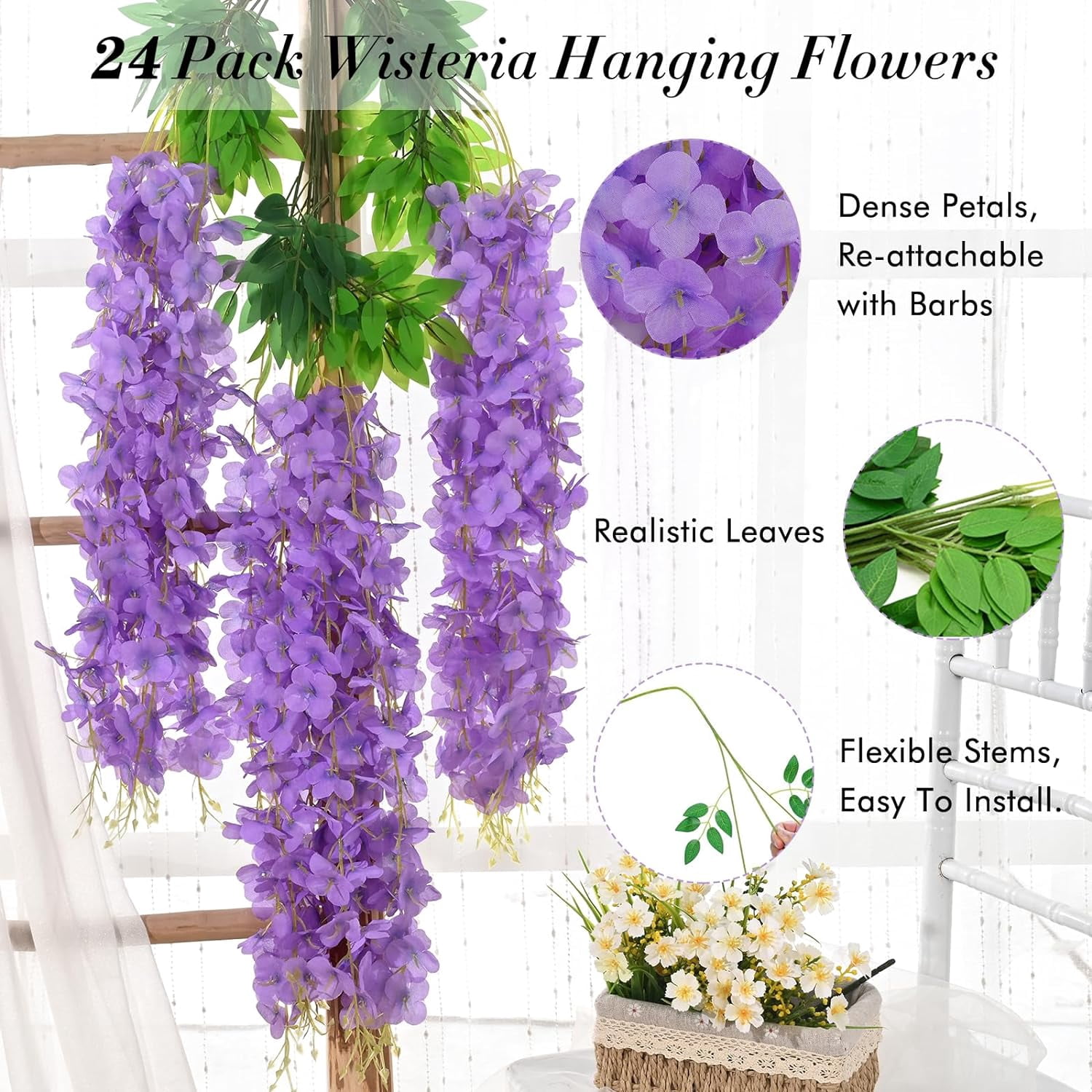 Wisteria Hanging Flowers, 3.6 Feet/Pcs Pink Wisteria Artificial Flowers, Fake Wisteria Flowers Garland, Hanging Wisteria Vines for Bedroom Wedding Home Party Wall Decoration