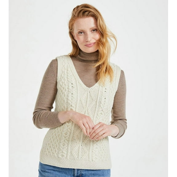 Ladies Aran V-Neck Natural Sweater Vest Size Medium Made By Aran Woollen Mills