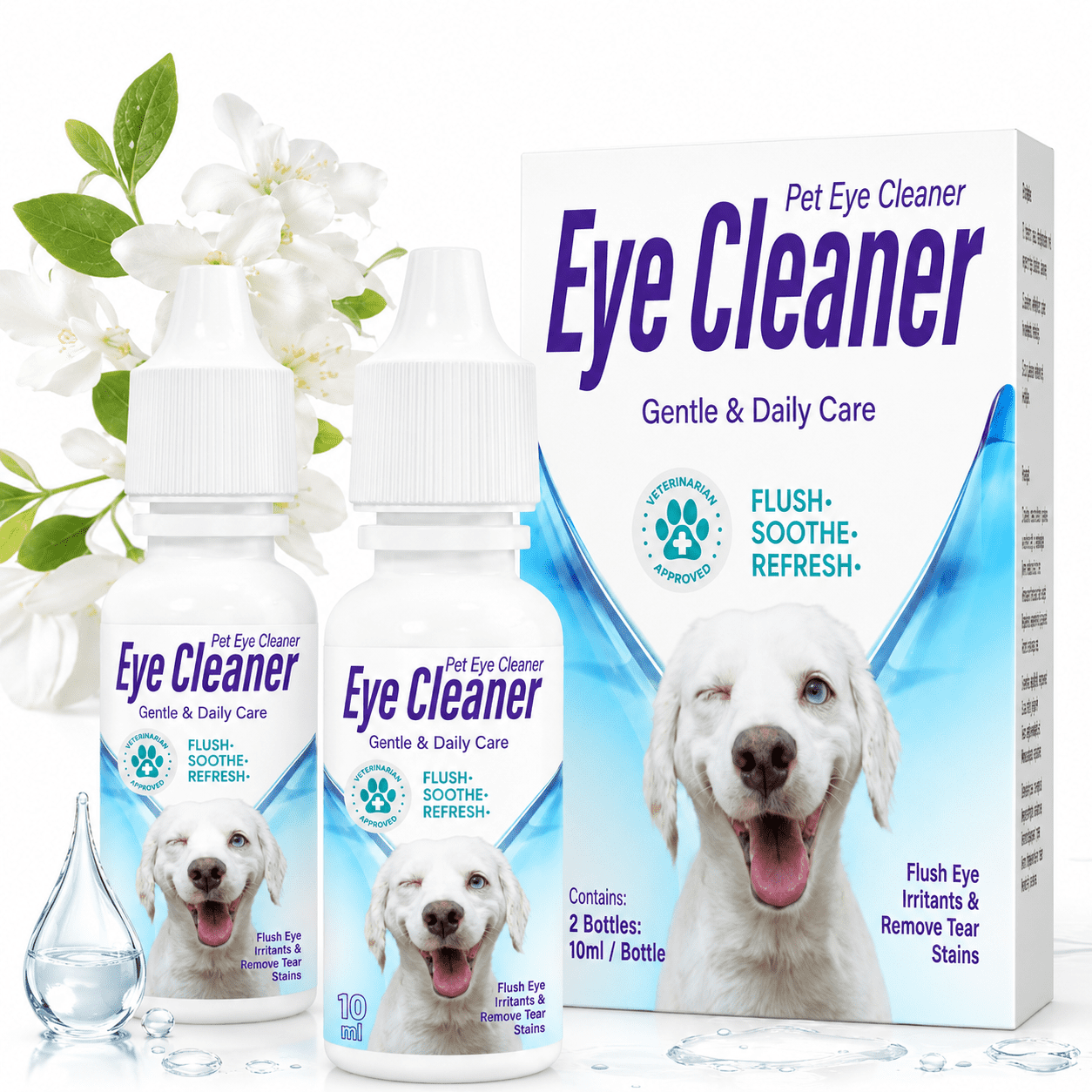 Pet Eye Cleaner for Tear Stains – Gentle Pet Eye Area Cleaning Solution Facial Grooming Supplies 2 Pack 10ml Each
