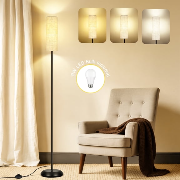 OUTON Modern Floor Lamps for Living Room, Standing Lamp with Linen Shade, Tall Pole Lamps for Bedroom, Office,Black,Bulb Included