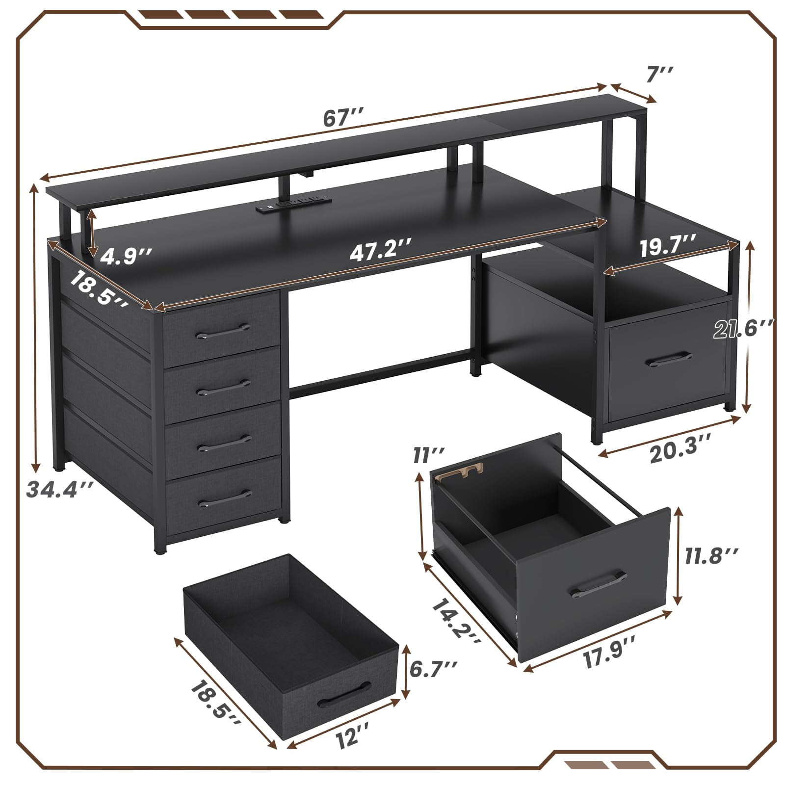 SEDETA Gaming Desk with 5 Drawer, Power Outlet & Led Lights, 66" Home Office Desk with File Drawer, Storage, Monitor Shelf, Computer Desk, Black