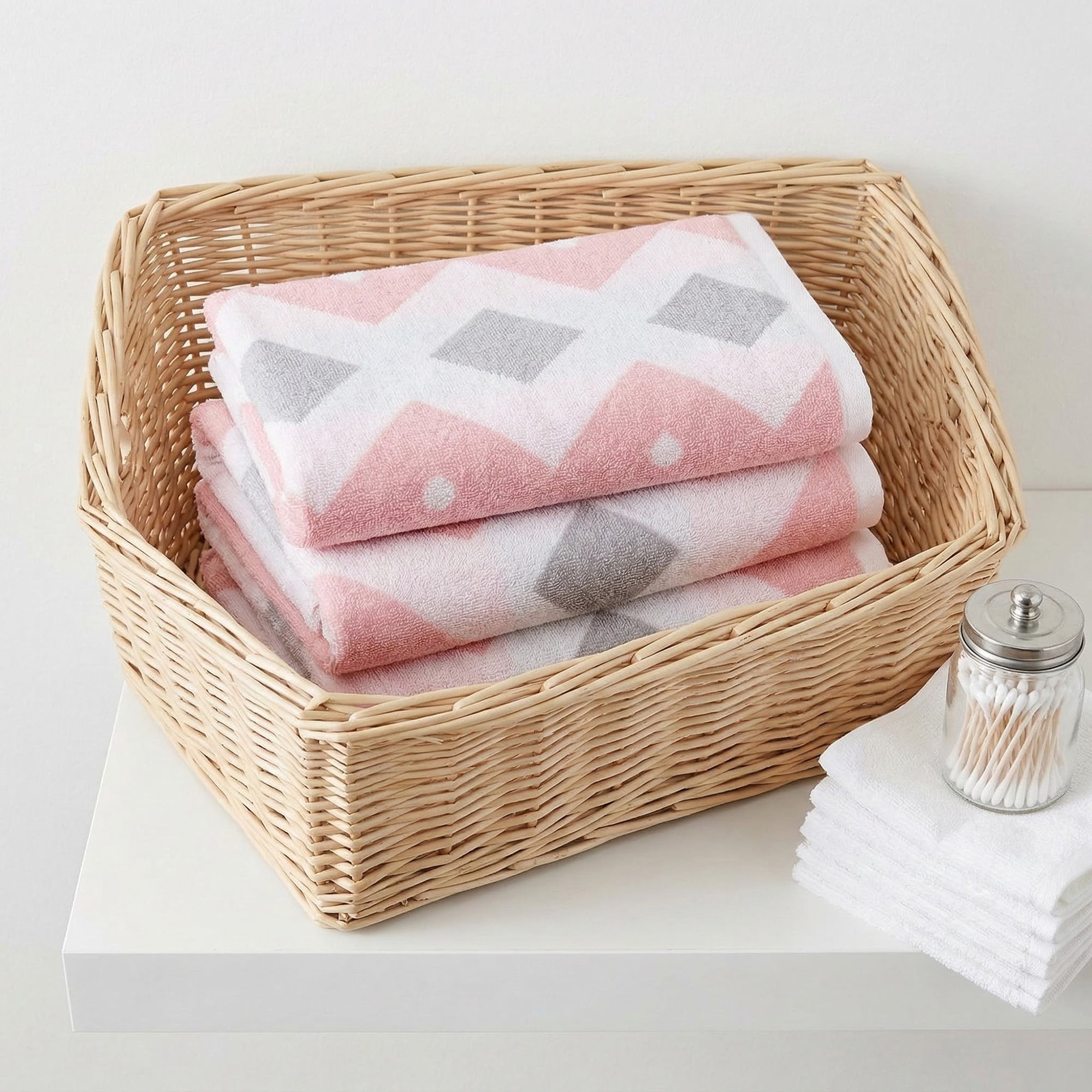 Unique Bargains Geometric Rhombus Cotton Soft Color Block Hand Towel Pink 4pcs 28" x 13"