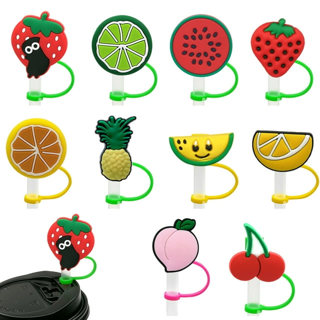 Ensemble de 10 Couvre-Pailles en Silicone en Forme de Plante Fruitière, Capuchon de Couvercle de Paille, Ensemble de Bouchons Anti-Poussière de 8 mm pour Boire, Réutilisables et Anti-Déversement, Embouts de Paille, Ensemble de Butée Dessin Animé, Accessoires de Tasse