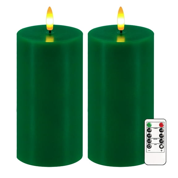 Green Flameless Candles, Set of 2 6"x3" Flickering LED Candles with Remote & Timer, Dimmable Electric Pillar Candles Battery Operated, Candles Light for Home St. Patrick's Christmas Decor