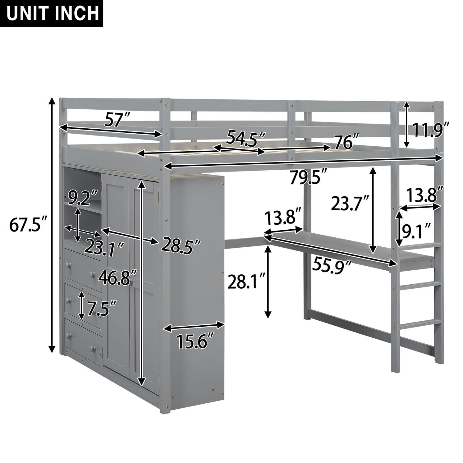 Asteroutdoor Wood Full Size Loft Bed with Built-in Wardrobe, Desk, Storage Shelves and Drawers, Gray