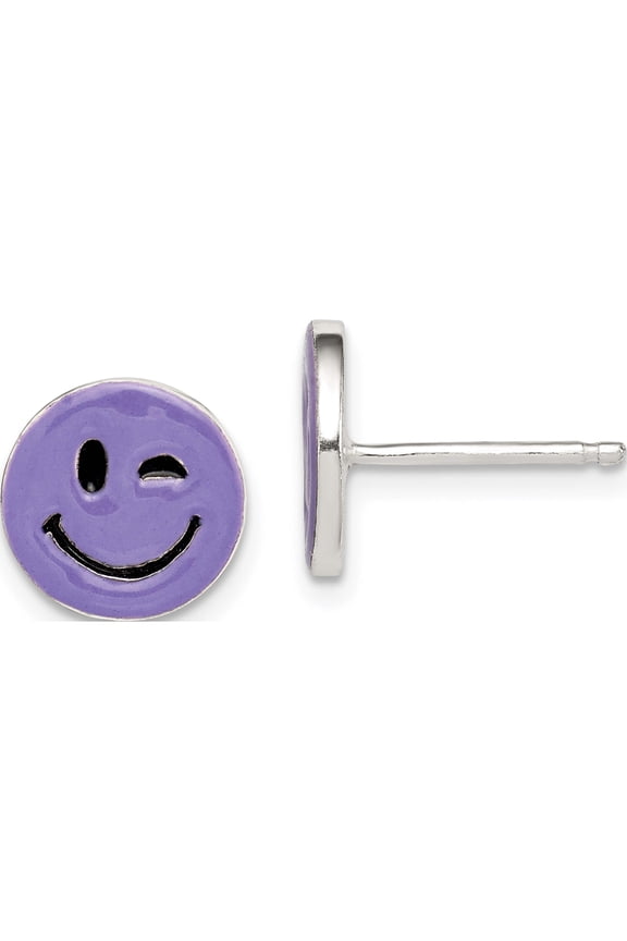 Sterling Silver Purple Enamel Winking Smiley Face Post Earrings (10 X 10) Made In India qe12919
