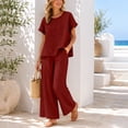 thumbnail image 4 of ClodeEU Women's 2 Piece Casual Set ,Embroidered Short Sleeve Top and Wide Leg Pants ,Solid Color Lounge Outfit Wine,Women's Plus L, 4 of 8