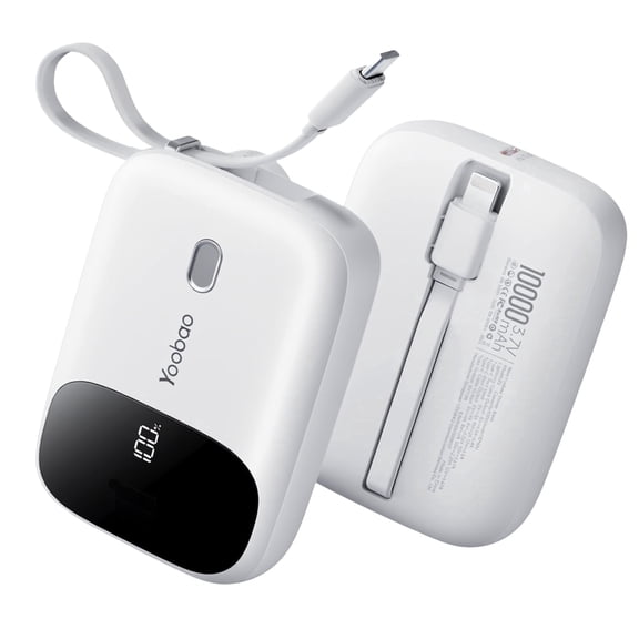 Yoobao Mini Power Bank 22.5W Fast Charging with LED Display, 10000mAh Portable Charger with Built-in Cables, 3 Outputs 1 Input Battery Pack Compatible with iPhone 16 15 iPad Samsung, White