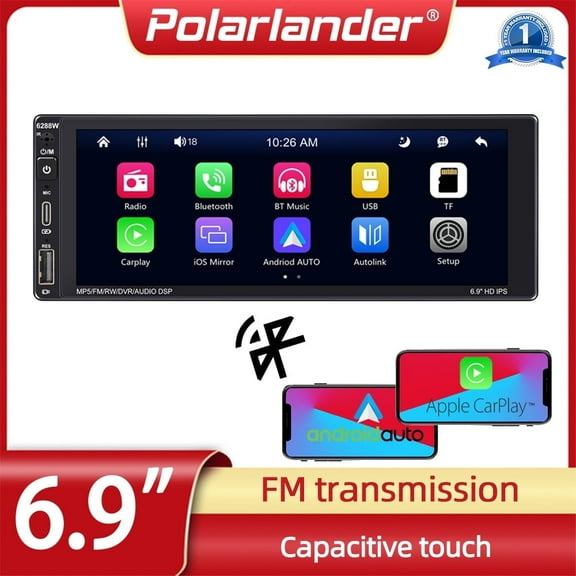 1Din 6.9" Car Stereo Bluetooth Multimedia MP5 Player Mirrorlink FM/AM/RDS AI Voice Android Auto Wireless Carplay