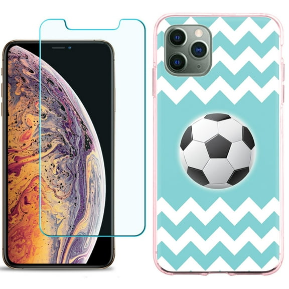 For Apple iPhone 11 Pro Case , Slim-Fit TPU Protective Phone Case with Tempered Glass Screen Protector, by OneToughShield ® - Chevron/Teal/Soccer