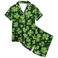 thumbnail image 5 of Odeerbi 2-12 Years Kids Boys Girls Summer St. Patrick's Day Satin Pajamas Notched Lapel Short Sleeve Loungewear Shorts Set Sleepwear Solid Color Pajama Sets Kids Boys Girls Clothes, 5 of 5