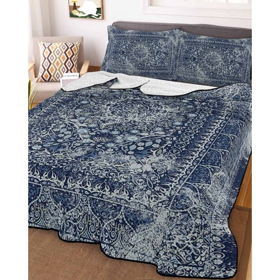 Boho Blue King Size Down Alternative Comforter, Lightweight Comforter Quilt Bedding Set with Pillow Shams Vintage Ethnic Modern Geometric Abstract All Seasons Bed Comforter Duvet Insert 96"x106"