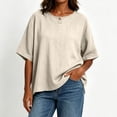 thumbnail image 4 of RQYYD Womens Short Sleeve Round Neck Tops Casual Henley Button Blouses Linen Blend Tee Shirts Clothes, 4 of 7