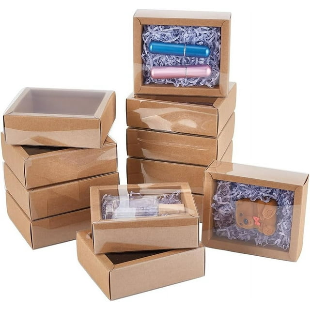 12 cajas de regalo de cartón kraft marrón con cajón, caja de regalo de plástico con tapa y ventana transparente de PVC.