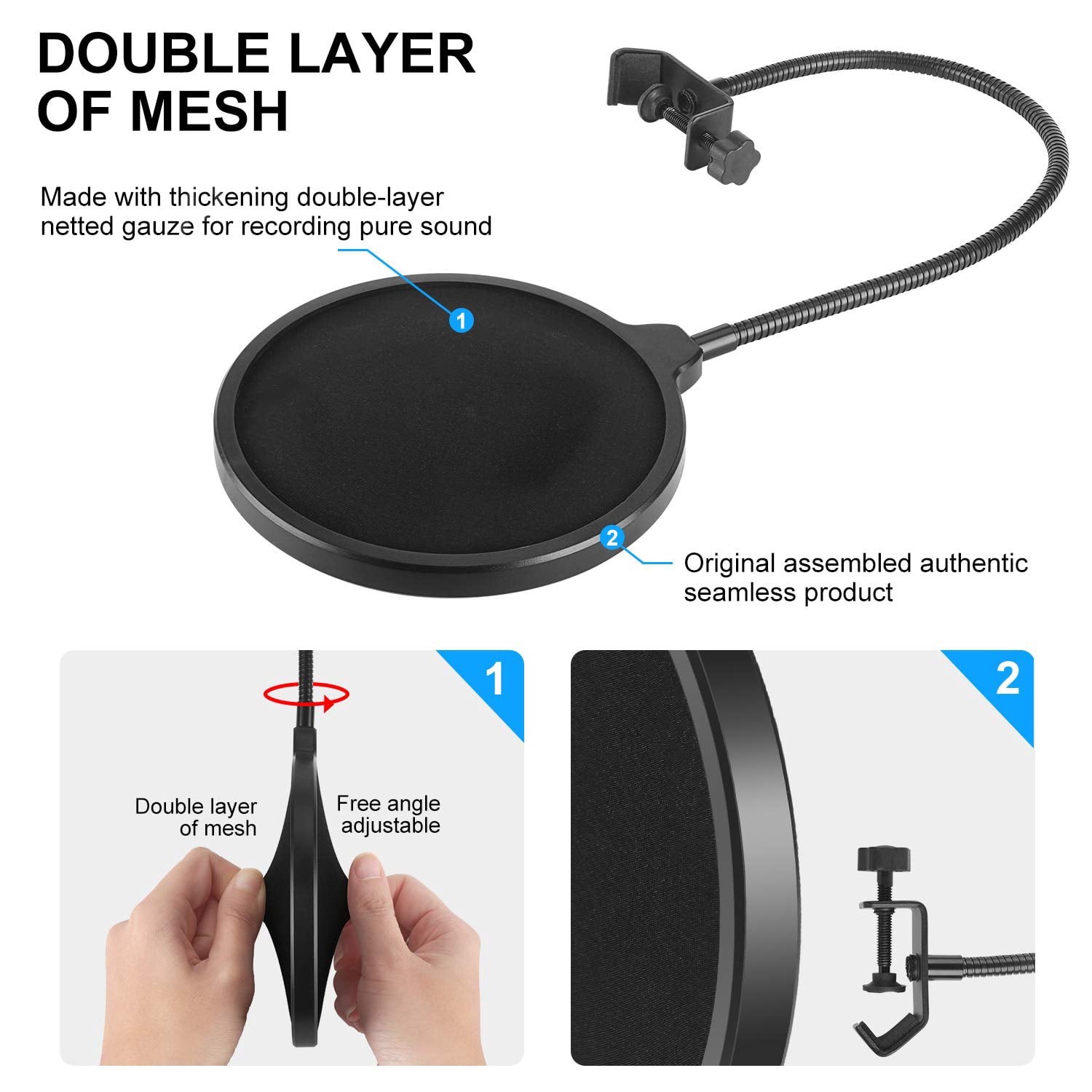 Boytone Bundle Adjustable Microphone Arm Suspension Boom Scissor Arm Stand, Plus Upgraded Microphone Pop Filter Mask Shield, Double Layered, with 3/8" to 5/8" Screw Adapter