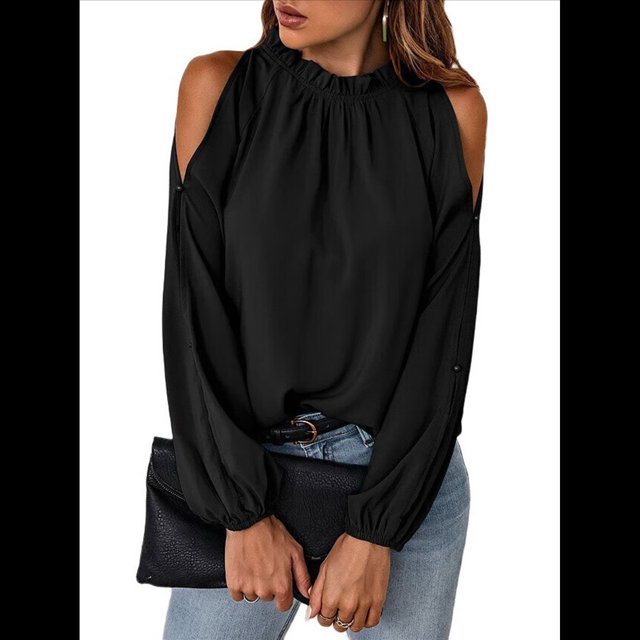Blusas Elegantes e Informales para Mujer, con Hombros Descubiertos, Cuello con Volantes, Camisas de Moda de Otoño para el Trabajo Negro XXXL