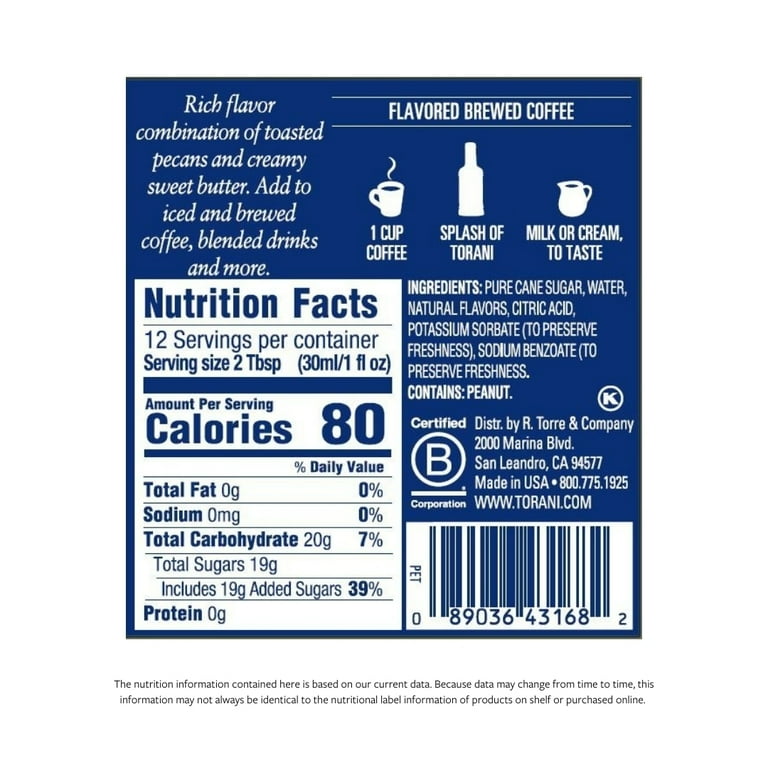 Torani Original Butter Pecan Syrup, Authentic Coffeehouse Syrup, 12.7 oz