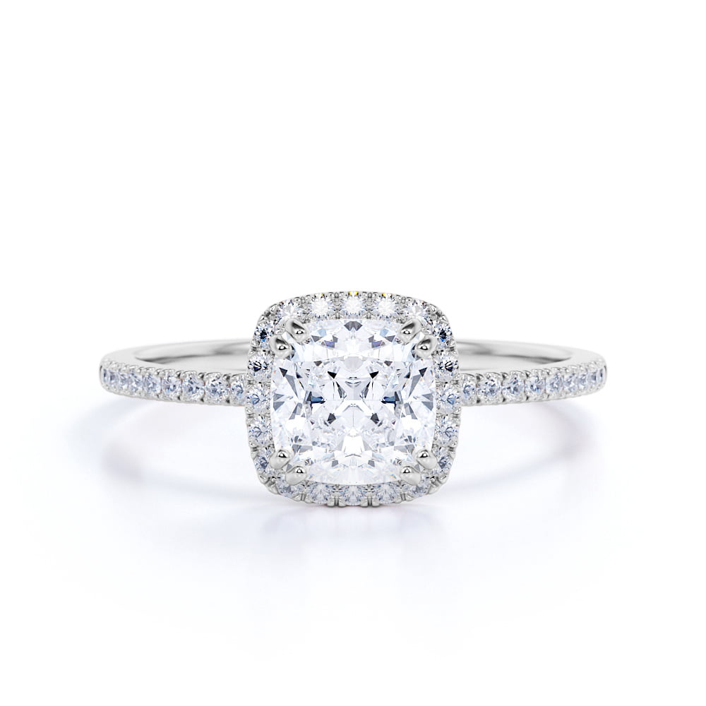 JeenMata 1.25 Carat cushion cut Moissanite and Diamond Halo Engagement Ring in 10k White Gold