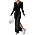 thumbnail image 2 of Women'S Casual Long Sleeve Collar V Neck Maxi Sweater Dress Slit Thigh Ribbed Knit Bodycon Pencil Dresses Black XL, 2 of 10