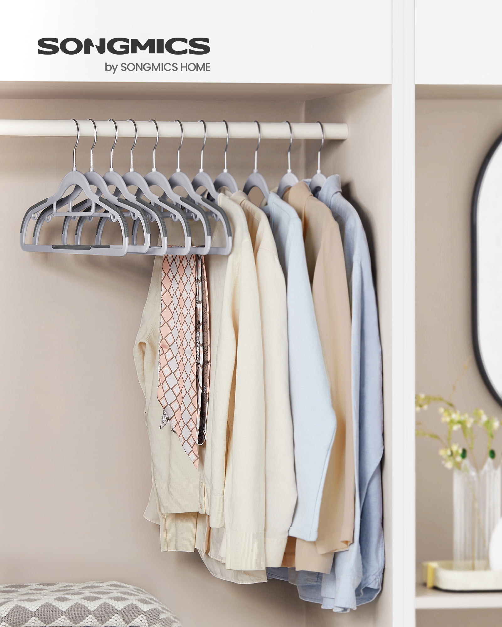 SONGMICS Pack of 60 Coat Hangers,Plastic Clothes Hangers, Non-Slip, 0.2 Inches, 16.5 Inches Wide, 360° Swivel Silver Hook, Light and Dark Gray