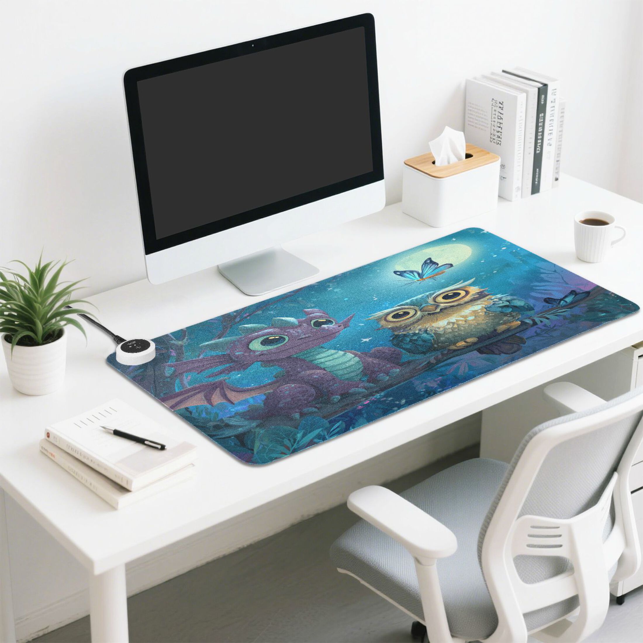 Wobogo Cute Dragon Owl Heated Mouse Pad Extra-Large Desk Mat With 3 Heating Levels and 3-hour Auto Shut-Off Protection Ideal for Computer Keyboards Home Office Hand-warming Essential 31.5in × 13in