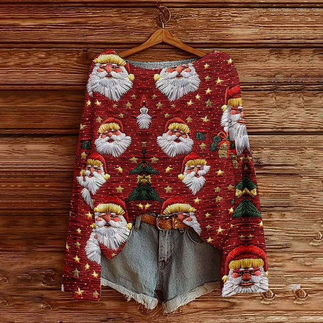 Chandails d'Hiver Grande Taille pour Femmes Mode Décontractée Imprimé de Noël Chandail à Manches Longues Rouge m