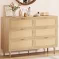 thumbnail image 5 of Rattan 6 Drawer Dresser, 42.5'' Modern Chest of Drawers with Gold Legs and Handles, Boho Wide Double Dresser with Large Tabletop and Anti-Tipping Design for Bedroom, Living Room, Natural, 5 of 7