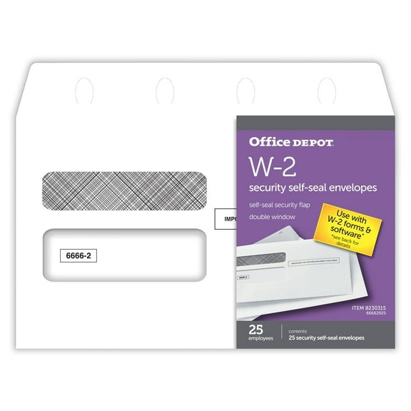 Office Depot® Brand Double-Window Self-Seal Envelopes For W-2 Tax Forms, 9 1/4" x 5 5/8", White, Pack Of 25 Envelopes