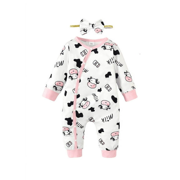 Mikrdoo Newborn Baby Girls Clothes Milk Cow Print Single Breasted Designed Long Sleeve Fall Winter Bodysuits With Headband 2Pcs Romper Sets 9-12 Months White