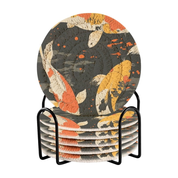 Yayeee 6 PCS Drink Coasters with Holder Set Woven Absorbent Round Tabletop Hot Pad, Fish Pattern