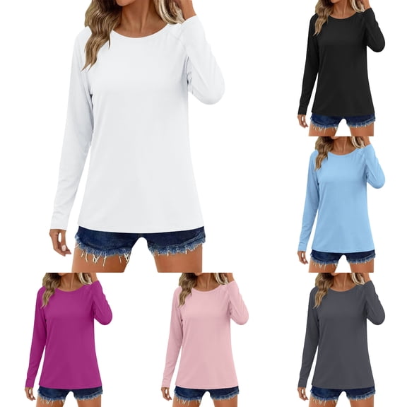 DuoJiaJ Womens Long Sleeve Top, Crew Neck Solid Color Sun Athletic Top Black L