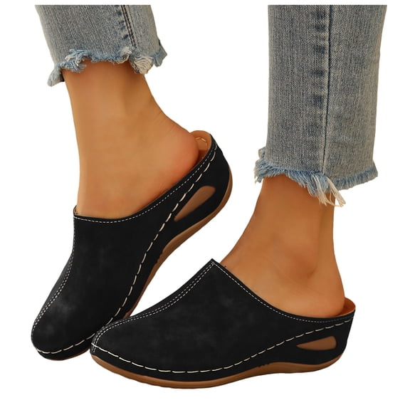 Rokment Orthopedic Wedges Mules Clogs Sandals for Women Fashion Comfortable Suede Closed Toe Arch Support Walking Nursing Slip on Dressy Spring Summer Shoes Black Size 6.5