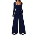 thumbnail image 2 of Long Sleeve Jumpsuit for Women Ruched One Piece Wide Leg Jumpsuit Baggy Square Neck Workout Romper with Pockets, L, 2 of 6