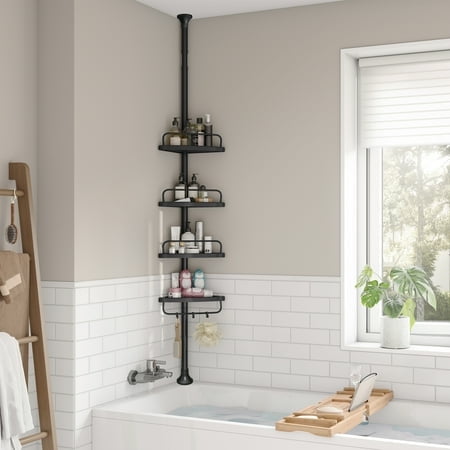 SONGMICS Panier de Douche à 4 Niveaux, Étagère d'Angle de Salle de Bain à Hauteur Réglable 33,5-120,1 Pieds', Organisateur de Douche, Acier, Noir