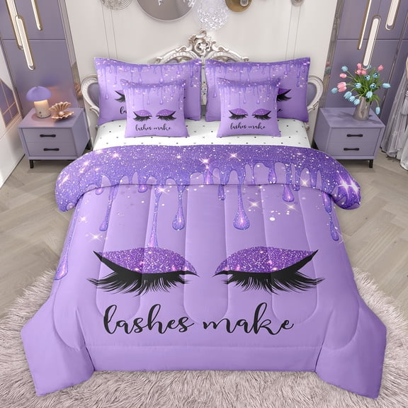 Feelyou Dreamy Eyelash Unicorn Bedding Comforter Set 7pcs, Luxury Purple Glitter Queen Bedding Sets, Modern Fashion Queen Sheet Sets, Microfiber Bedroom Decor