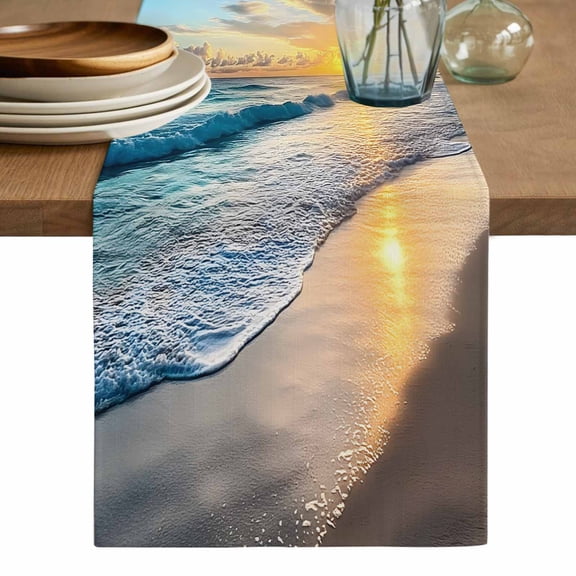 Ocean Sunset Table Runner, Beach Blue Sky Coastal Seashore Summer Washable Cotton Linen Table Runners 72 Inches Long, Dresser Scarf Runner for Dining/Coffee/Kitchen/TV Stands/Cabinets 13''x72''