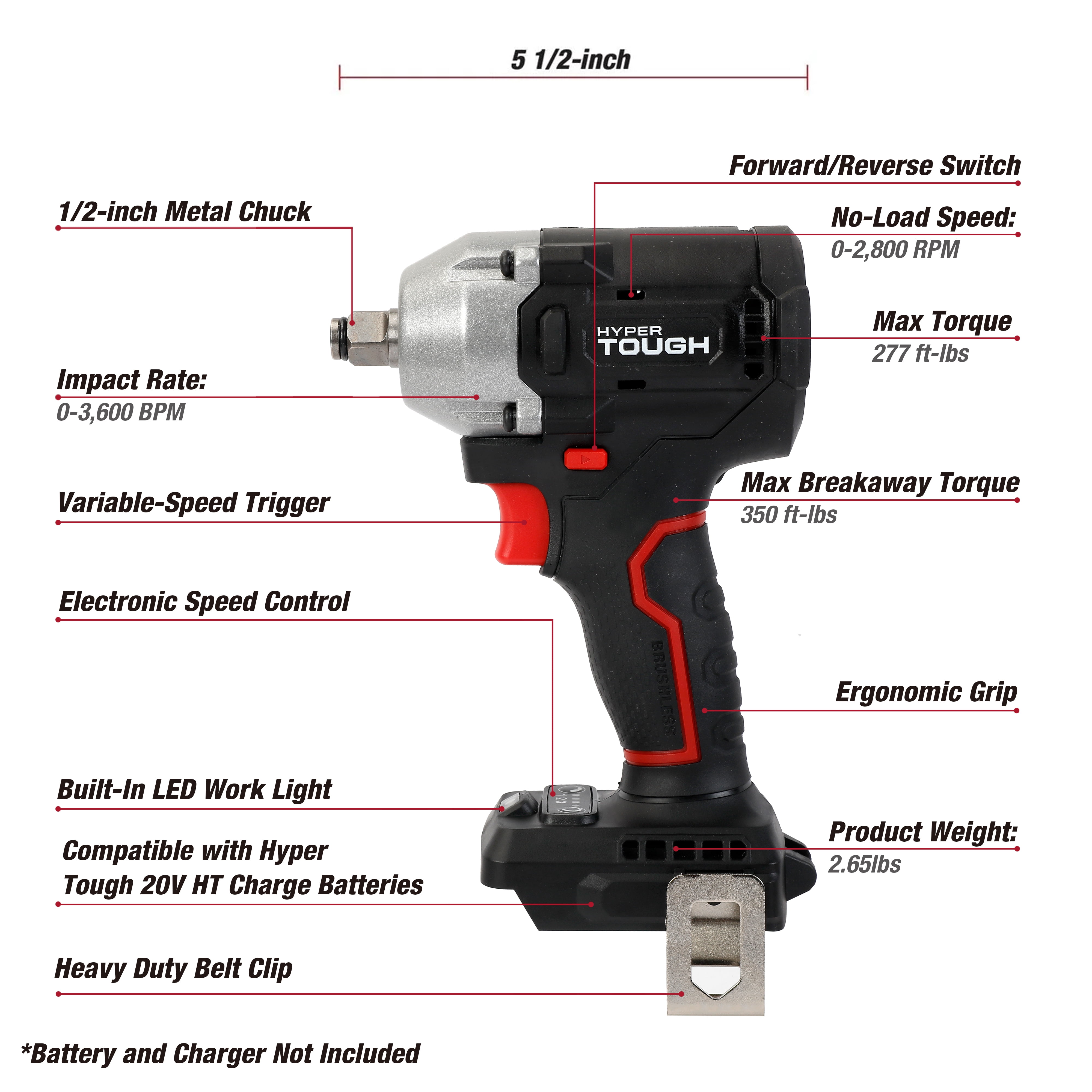 Hyper Tough 20V Max Brushless 1/2-inch Cordless Impact Wrench 350 ft-lbs Torque - (Tool Only)