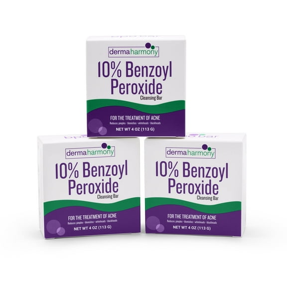 DermaHarmony 10% Benzoyl Peroxide Cleansing Bar Non-Soap Unscented, 3 Bars